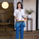 制服 レディース 美容院 SPA エステ 養生館 足つぼ 施術着 上下セット 半袖 Vネック 長ズボン 吸湿速乾 ポリエステル素材 エレガント 紺色