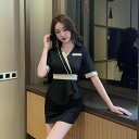 スカート セットアップ レディース 美容 エステ スパ マッサージ フットケア セラピスト リラクゼーション 制服 ユニフォーム 仕事着 上品 エレガント スタイリッシュ 七分袖 Vネック 吸湿速乾 ポリエステル ブラック(x2)