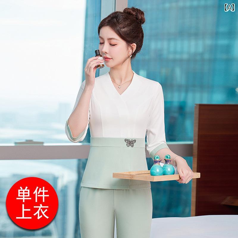制服 レディース 女性用 スリムフィット エステ サロン 美容師 マッサージ師 スパ 施術着 ユニフォーム 高級感 上品 五分袖 ポリエステル混 伸縮性 グリーン系 ピンク系 ブルー系 (2)