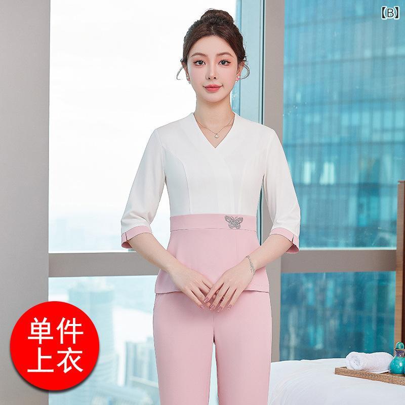 制服 レディース 女性用 スリムフィット エステ サロン 美容師 マッサージ師 スパ 施術着 ユニフォーム 高級感 上品 五分袖 ポリエステル混 伸縮性 グリーン系 ピンク系 ブルー系 (3)