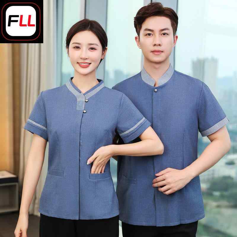 掃除清掃ユニフォーム 女性用 半袖 夏用 大きいサイズ ゆったり 体型カバー ホテル 客室清掃 施設管理 ビルメンテナンス 案内 サービス 業務 吸汗速乾 綿 ポリエステル 混紡 立ち襟