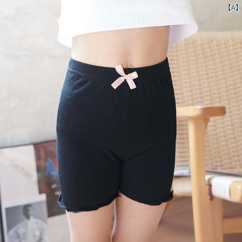 キッズ 女の子 インナーパンツ ショートパンツ 3分丈 モダール綿混 透け防止 柔らかな肌触り ウエストゴム ハイウエスト リボン メロウフリル 夏用 学生 ジュニア ベーシック 無地 2