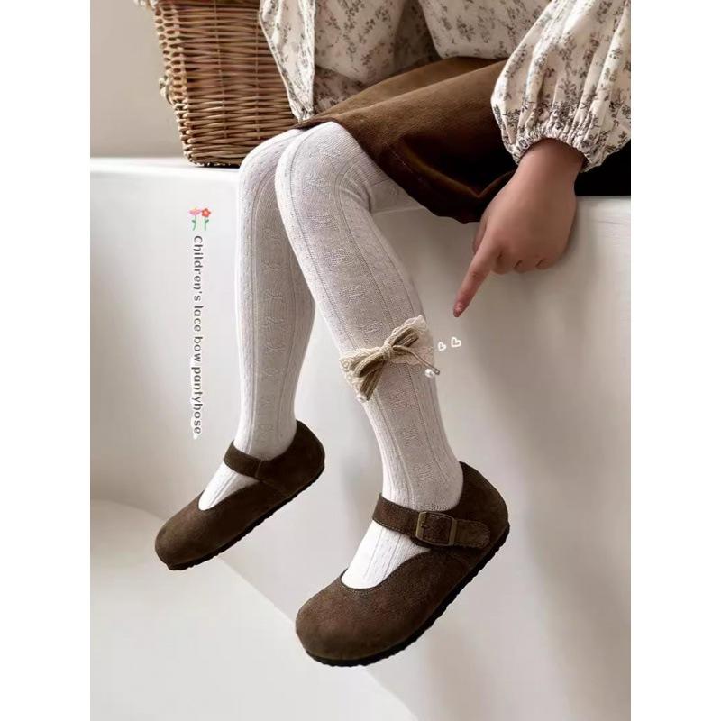 タイツ キッズ 女の子 ベビー 春秋物 薄手 コットン コーマ綿 通気性 快適 レース パール リボン 股部..