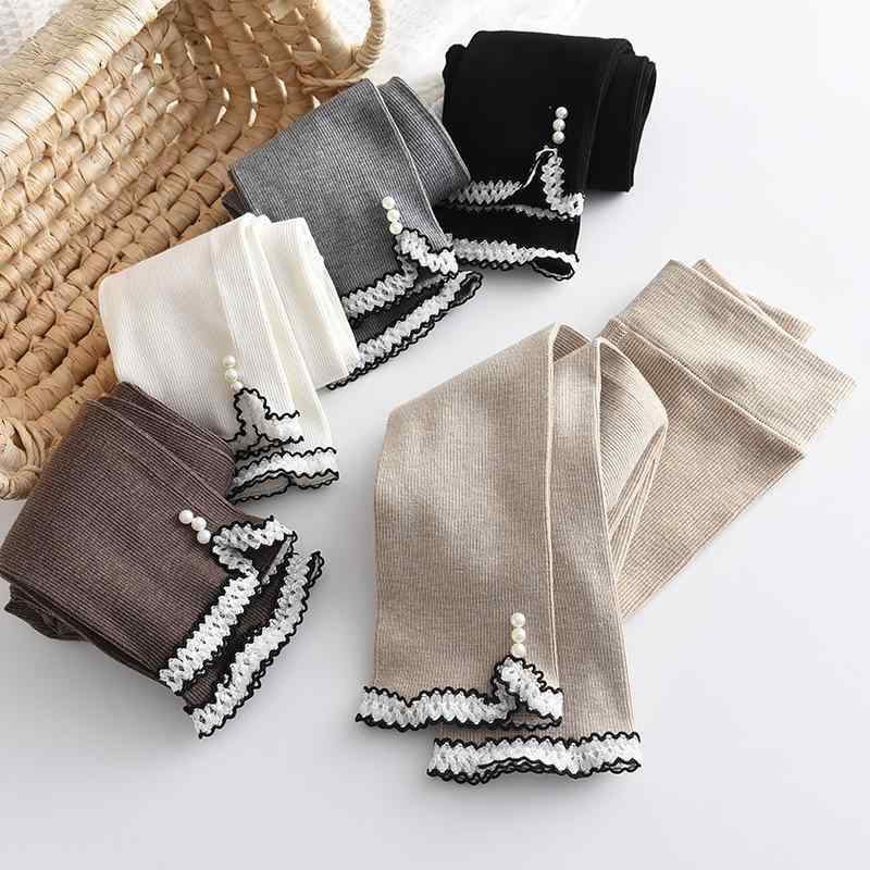 レギンス 女の子 ガールズ 綿 コットン ストライプ柄 パール飾り リブ編み 9分丈 ハイウエスト カジュ..