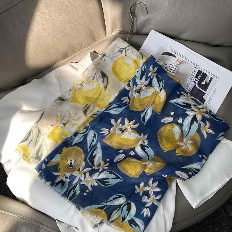 ストール レディース スイート フェミニン ナチュラル 大きめレモン柄 花柄 フラワーデザイン 綿麻 コ..