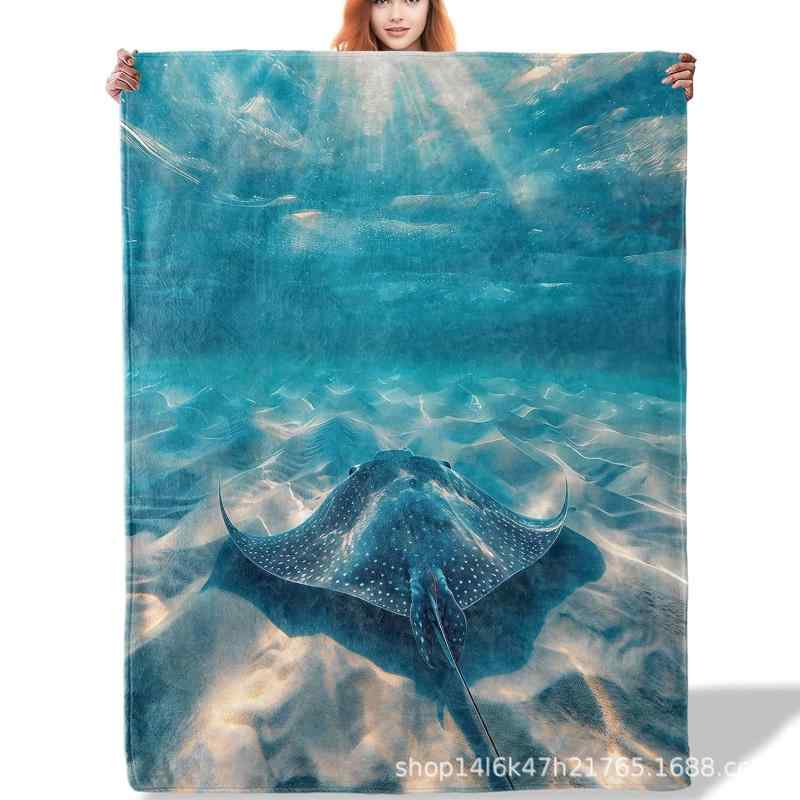 毛布 エイ柄 ブルーオーシャン フランネル 厚手 ブランケット 暖かい ふわふわ ひざ掛け ポリエステル ..