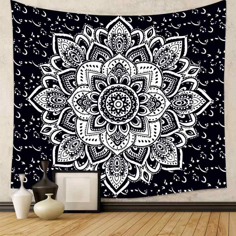 タペストリー マンダラ 曼荼羅 白黒 モノトーン 北欧風 幾何学模様 部屋 装飾 インテリア 壁掛け ウォールデコ 背景布 ポリエステル 洗える ウォッシャブル リビング 寝室 長方形 抽象柄