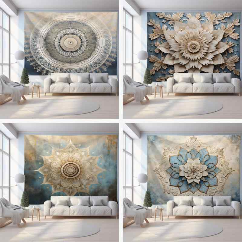 タペストリー マンダラ柄 北欧風 オフホワイト系 部屋 装飾 インテリア 壁掛け 長方形 プリント リビング 寝室 書斎 多用途 ウォッシャブル ポリエステル製