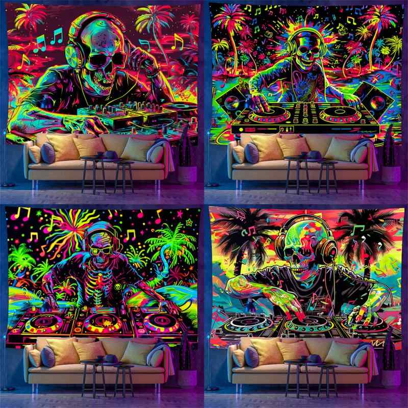 タペストリー UV蛍光 サイケデリック スカル 音楽モチーフ 幻想的 壁掛け 部屋飾り リビング 寝室 書斎..