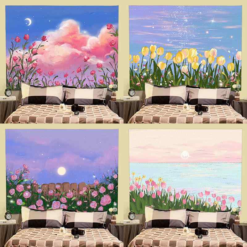 タペストリー ウォールデコレーション ファブリックポスター ベッドルーム 寝室用 油絵風 油彩画風 インスタ映え おしゃれ 壁掛け 縦長 風景画 景色 植物 花柄 背景布 大型 ビッグサイズ ナイロン素材 モダン シンプル