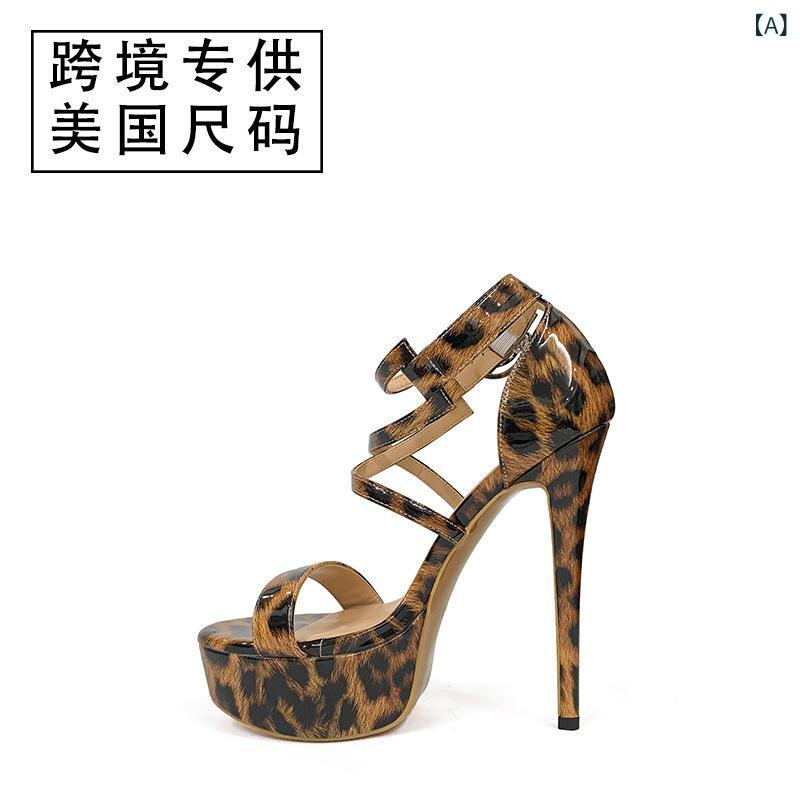 サンダル レディース 厚底 プラットフォーム 超ハイヒール オープントゥ つま先開き ローマサンダル エナメル PUレザー アンクルストラップ クロスストラップ 欧米風 ヒョウ柄 ブラック ヌード ホワイト ブルー