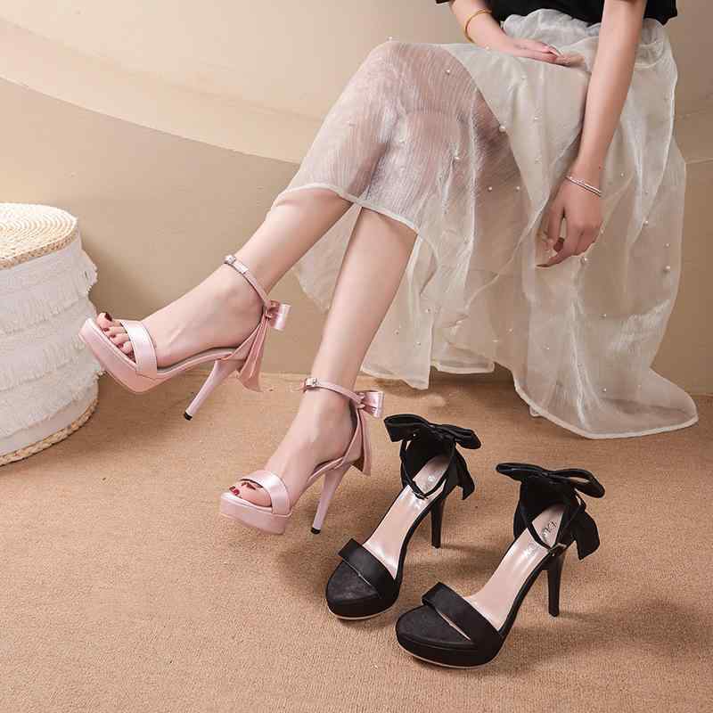 サンダル レディース ロリータ フレンチスタイル ストームハイヒール リボン ワンストラップ ブラック ピンク スクエアトゥ チャンキーヒール サテン素材 PUレザー パーティー 結婚式 フォーマル スイート フェミニン ミドルヒール