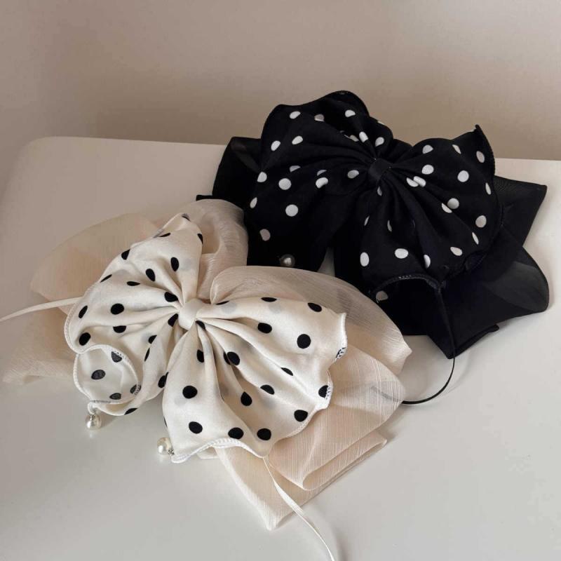 ヘアクリップ レディース 韓国風 パールチャーム ドット柄 リボン ロングリボン バンスクリップ ポニー..