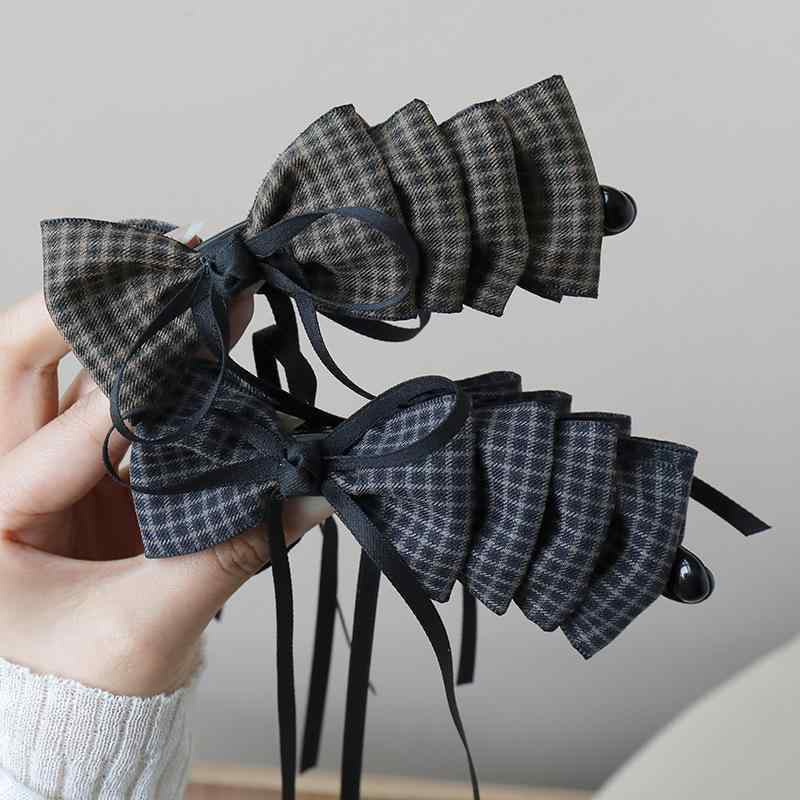 バナナクリップ レディース 韓国風 チェック柄 リボン 蝶々結び 揺れるロングリボン ポニーテール 髪留..