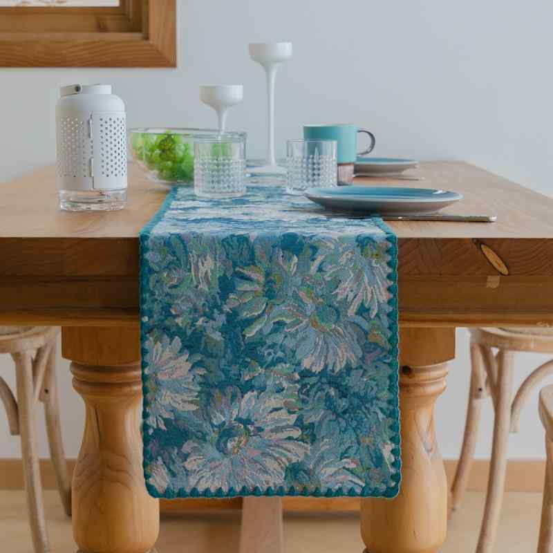 テーブルランナー アメリカンヴィンテージ ダイニングテーブル コーヒーテーブル サイドボード用 装飾 ジャガード 刺繍風 花柄 長方形 ポリエステル 耐摩耗 防塵 ブルー ブラック テーブルクロス