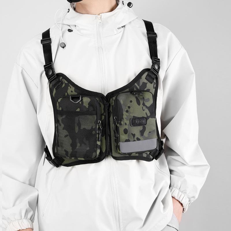 チェストバッグ メンズ 機能性 防水 軽量 耐摩耗性 ナイロン 多機能 ワーク タクティカル ベスト型 クロスボディ ストリート カジュアル 普段使い ブラック 迷彩柄