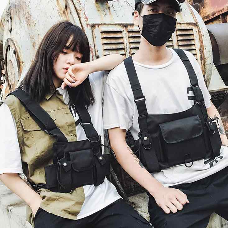 チェストバッグ メンズ 男性用 ストリート ヒップホップ カジュアルスタイル タクティカル ミリタリー ベスト一体型 多機能 防盗 ボディバッグ ウエストポーチ ナイロン製 日常使い 普段使い 鞄