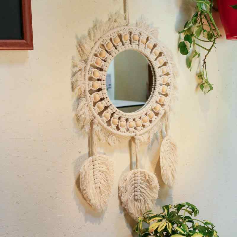 ミラー 壁掛け 北欧風 ボヘミアンテイスト 手作り コットンロープ 編み込み 魔除け アイモチーフ 邪視..