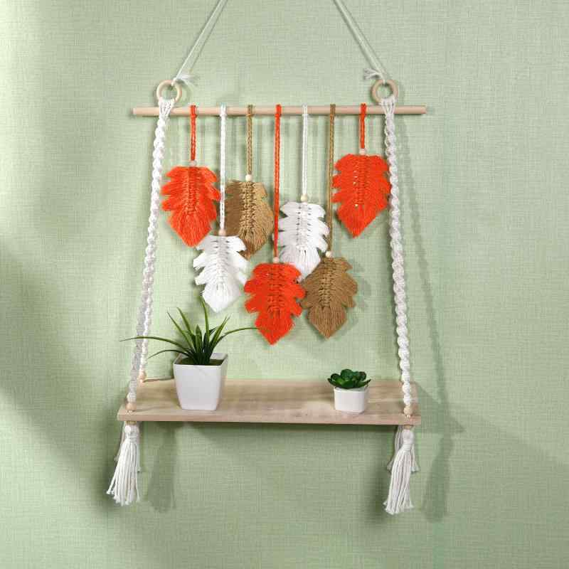 タペストリー 壁掛け ボヘミアン 民族風 ウォールデコレーション 手織り マクラメ リーフ 葉っぱ 置物棚 シェルフ 民宿 インテリア リビング 寝室 玄関 おしゃれ かわいい 天然素材 コットン 綿 木材