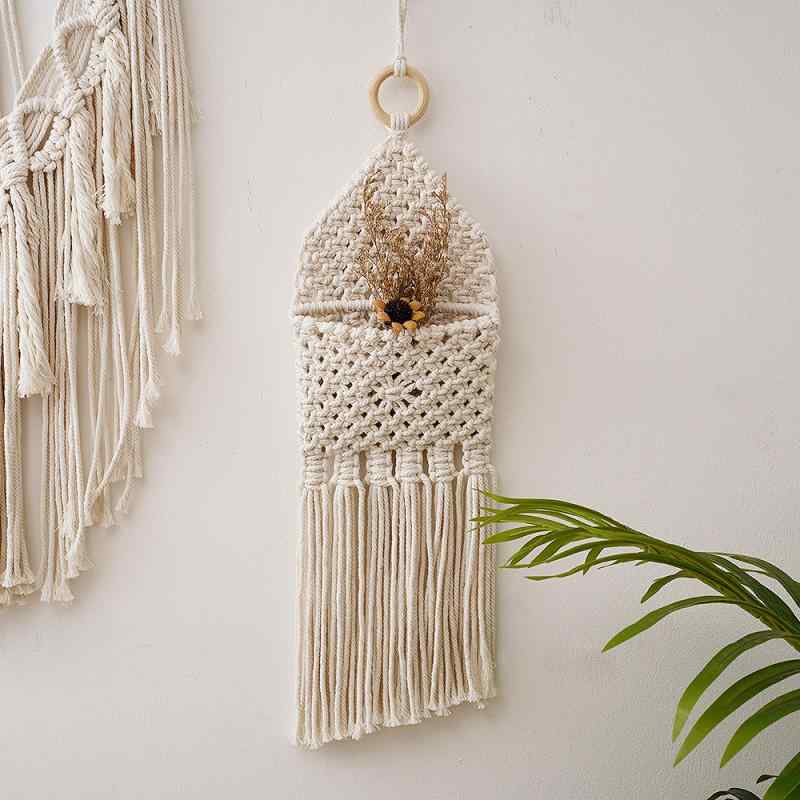 タペストリー 手編み ネットバッグ ドライフラワー アレンジメント 壁飾り ウォールデコレーション 綿 コットン オフホワイト 北欧風 ナチュラルインテリア 長方形 格子柄 リビング 玄関 店舗 花屋 カフェ ディスプレイ用