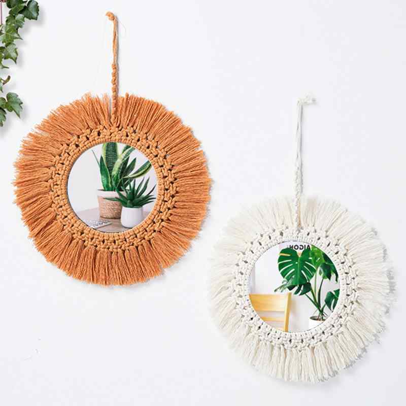 壁掛けミラー 北欧風 ボヘミアン インスタ映え 綿ロープ 手編み マクラメ タペストリー 化粧鏡 ウォー..