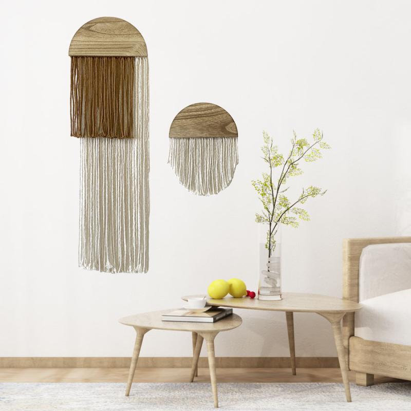 タペストリー ボヘミアン 北欧風 フリンジ 半円形 無垢材 コットン 綿 ハンドメイド 手作り 壁掛け 壁飾り ウォールデコ リビング 寝室 玄関 インテリア 雑貨 民泊 ホテル 店舗用 オフホワイト キャラメル色 モダン シンプル
