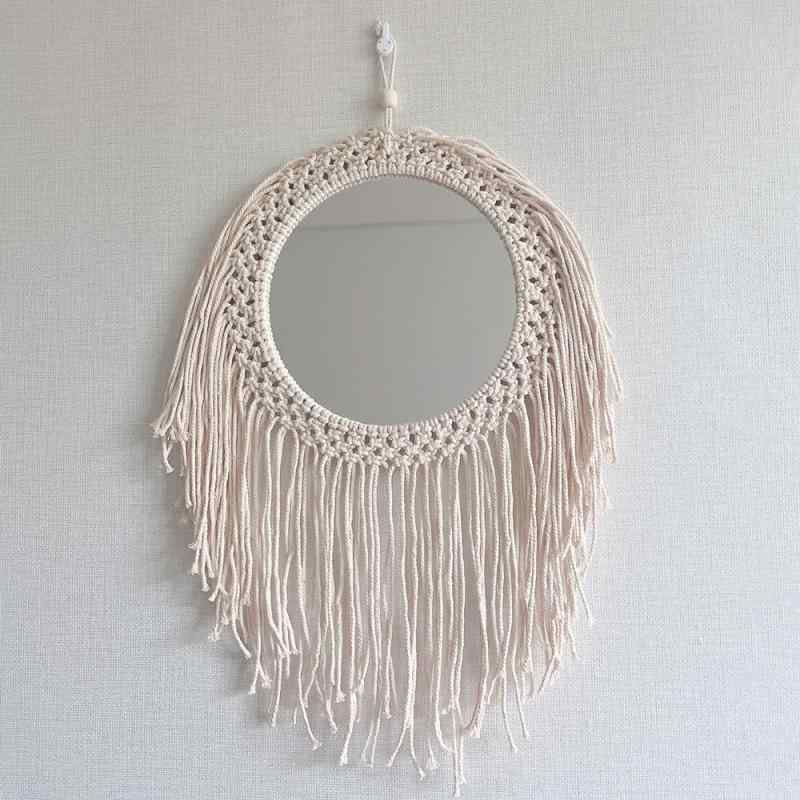 壁掛けミラー 手作り ハンドメイド コットンロープ 綿ロープ 編み込み タッセル 北欧風 北欧インテリア..