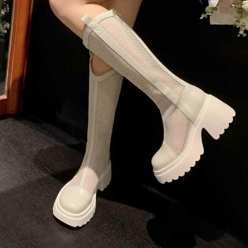 サマーブーツ レディース ライダースブーツ ロングブーツ ひざ下丈 ワイド筒周り 超ハイヒール 厚底 脚..