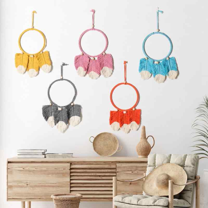 壁掛け タペストリー ボヘミアン風 北欧風 手編み 葉っぱ リーフ モチーフ タッセル カラフル ミニ コットン アイアンリング リビング 寝室 玄関 室内装飾 ウォールデコレーション