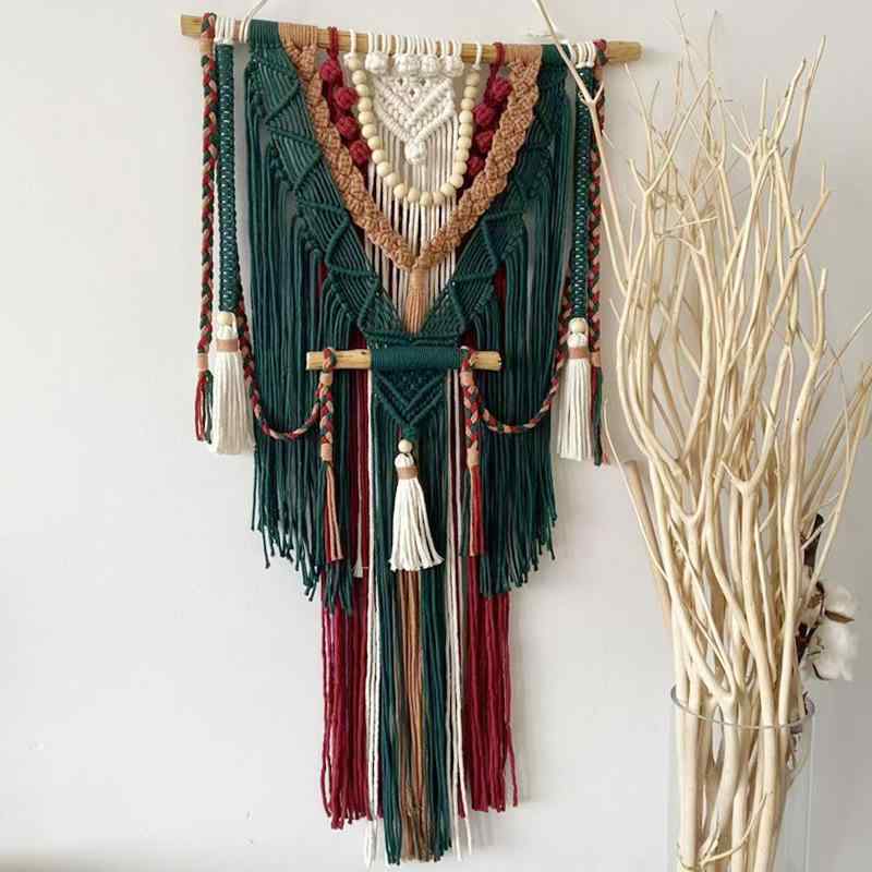 壁掛け 北欧風 ボヘミアン タペストリー フリンジ タッセル 手織り ハンドメイド アート ウォールデコ インテリア 装飾 コットンロープ グリーン リビング 寝室 玄関 書斎 ダイニング バルコニー 商業施設