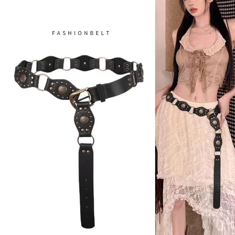 ベルト レディース 女性用 ウエスタン レトロ ボヘミアン 民族風 個性派 幅広 太め フェイクレザー 合..