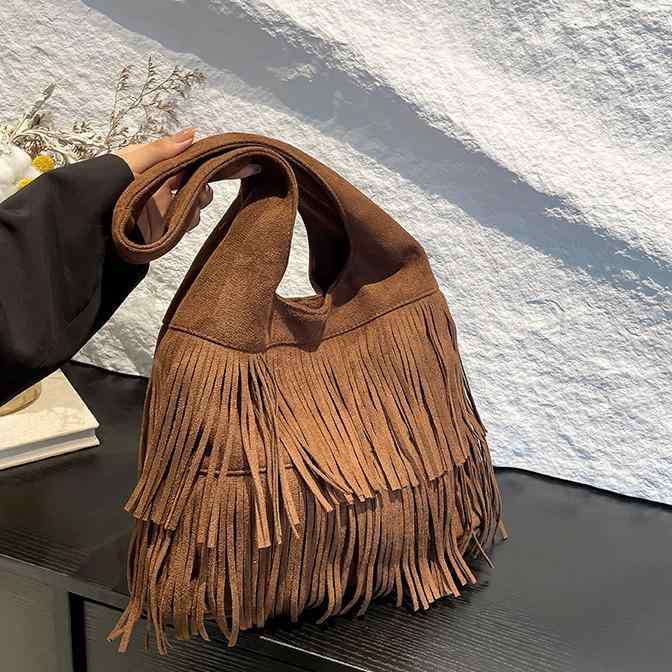 ショルダーバッグ レディース 大容量 レトロ フリンジ タッセル スエード調 パッチワーク 縦型 スクエア型 ソフトな質感 マグネット開閉 普段使い デイリーユース お出かけ 通勤 肩掛け 黒 ブラウン こげ茶 鞄(4)