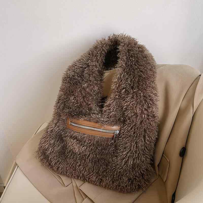 バッグ レディース 韓国風 インスタ風 ファー もこもこ素材 大容量 ショルダーバッグ トートバッグ バケツ型 手提げ マグネット開閉 携帯ポケット付き ソフトな肌触り 普段使い デイリーユース ブラック系 ブラウン系(4)