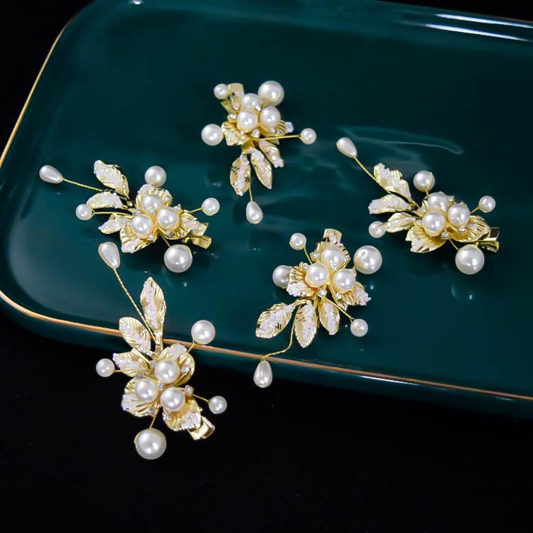 髪飾り レディース 中国風 結婚式 ブライダル 披露宴 手作り レトロ 繊細 合金製 ラメ ラインストーン パール リーフモチーフ ヘアクリップ バレッタ セッ...