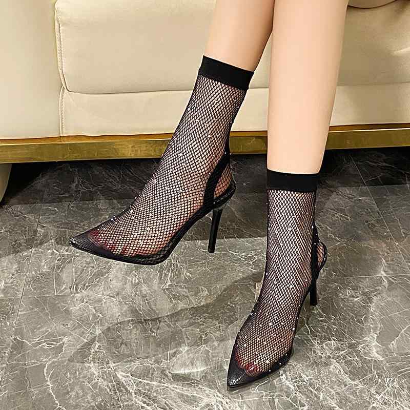 サマーブーツ アンクルブーツ レディース 黒 ピンヒール ポインテッドトゥ セクシー 欧米風 透かしメッ..