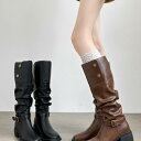 ロングブーツ レディース 太ヒール チャンキーヒール 折り返し レトロ ヴィンテージ くしゅくしゅ ドレープ ウエスタンブーツ 膝下丈 騎士ブーツ ジョッキーブーツ 個性派デザイン PU素材 スクエアトゥ 厚底 滑り止め 耐摩耗性 ファッション 秋冬