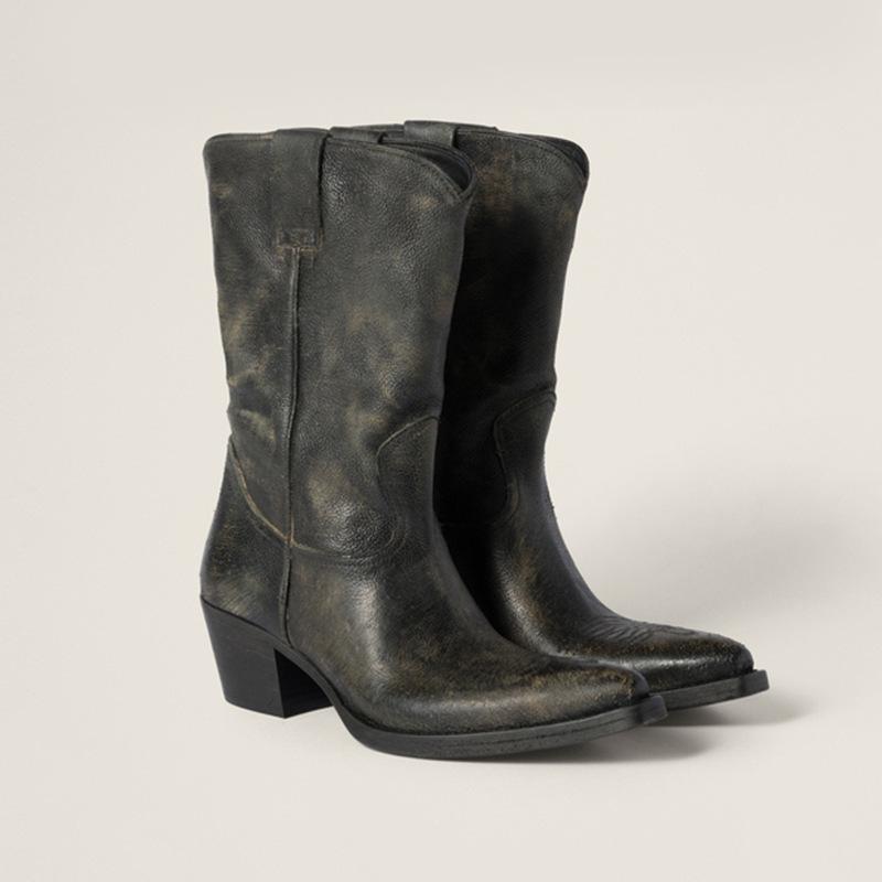 ブーツ レディース ウォッシュ加工 レトロ ヴィンテージ ウエスタンブーツ カウボーイブーツ ロング丈 ミドルヒール ポインテッドトゥ ブラウン 茶色 マイクロファイバー プルオン カジュアル