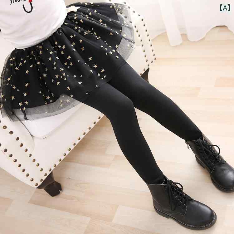 女の子の レギンス 2023 春秋の 新しい 星の 網の 糸の 中で 大きい 子供の 偽の 2つの 弾力の 修身の 洋風の スカートの ズボン(4)