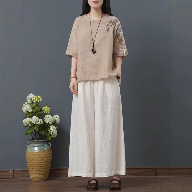 セットアップ レディース 綿麻 半袖 Tシャツ 薄手 ワイドパンツ 九分丈 エスニック 民族風 刺繍 ゆった..