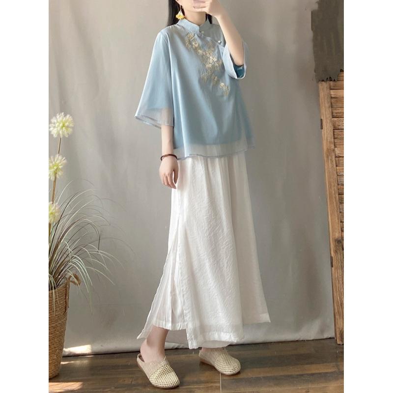 セットアップ レディース チャイナ風 レトロ 斜め前合わせ 刺繍 フリル袖ブラウス 五分袖 + 二重仕立て..