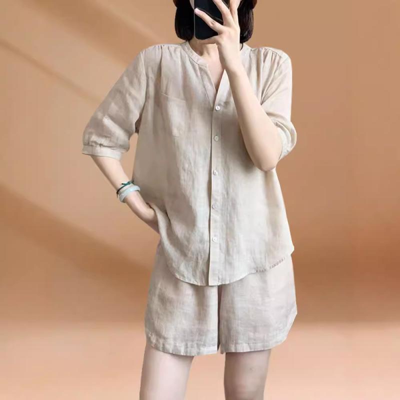 ショートパンツ セットアップ レディース 女性用 綿麻 無地 シンプル カジュアル リラックスウェア 上品 おしゃれ 夏 普段使い 大きいサイズ ゆったり 体型カバー