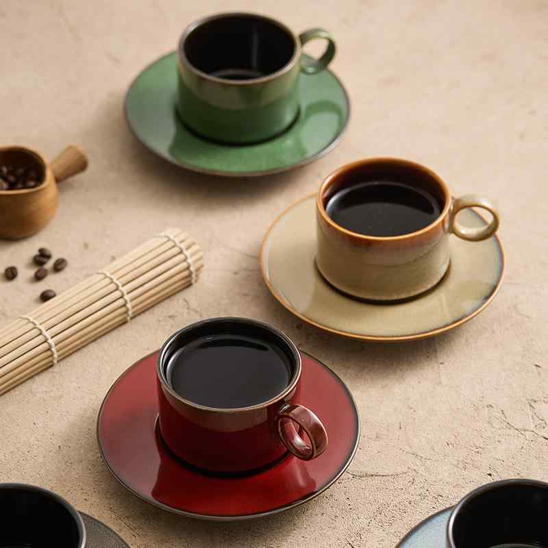 コーヒーカップ 窯変 レトロ 和風 ラテアート ラテ 珈琲 カップ＆ソーサー 1客セット 家庭用 自宅用 おうちカフェ 普段使い 陶器 セラミック 上品 エレガント アフタヌーンティー ティータイム オフィス 約200ml 赤 青 緑 灰 黄 高級感