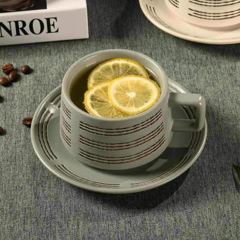 コーヒーカップ 陶器 ソーサー 和風 レトロ 粗陶 セット 高級感 業務用 カフェ 自宅用 オフィス レストラン 魚紋 水紋 復古緑 セサミベージュ 220ml テーパー型