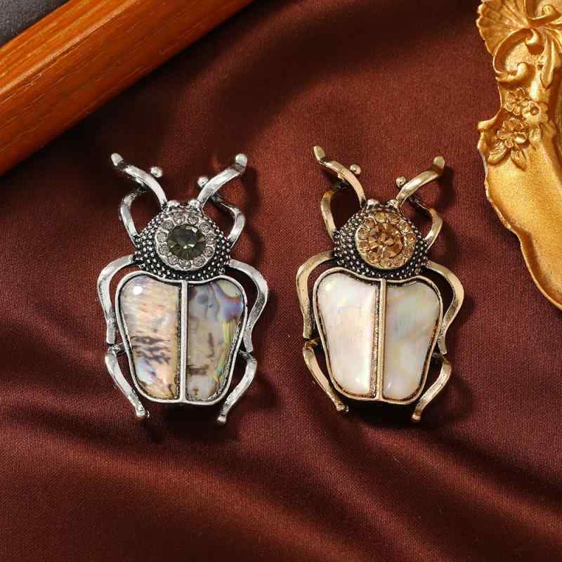 ブローチ ユニセックス 男女兼用 昆虫モチーフ 甲虫 てんとう虫 レトロ ヴィンテージ 個性派 模倣貝殻風 合金製 象嵌細工 ラインストーン ピンブローチ ラペルピン コサージュ ジャケット スーツ 帽子 バッグ ファッション小物 古金 古銀 二色