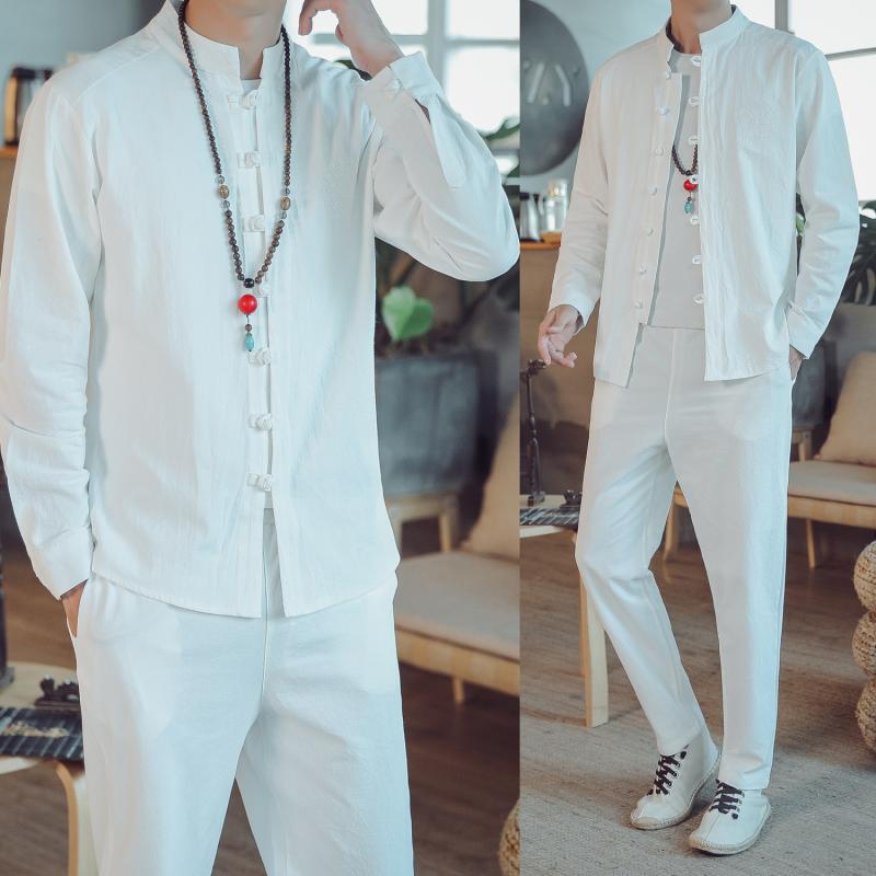 セットアップ メンズ カジュアル 長袖シャツ 綿麻 リネン 亜麻 コットン 中国風 民族風 レトロ 中山服 ..