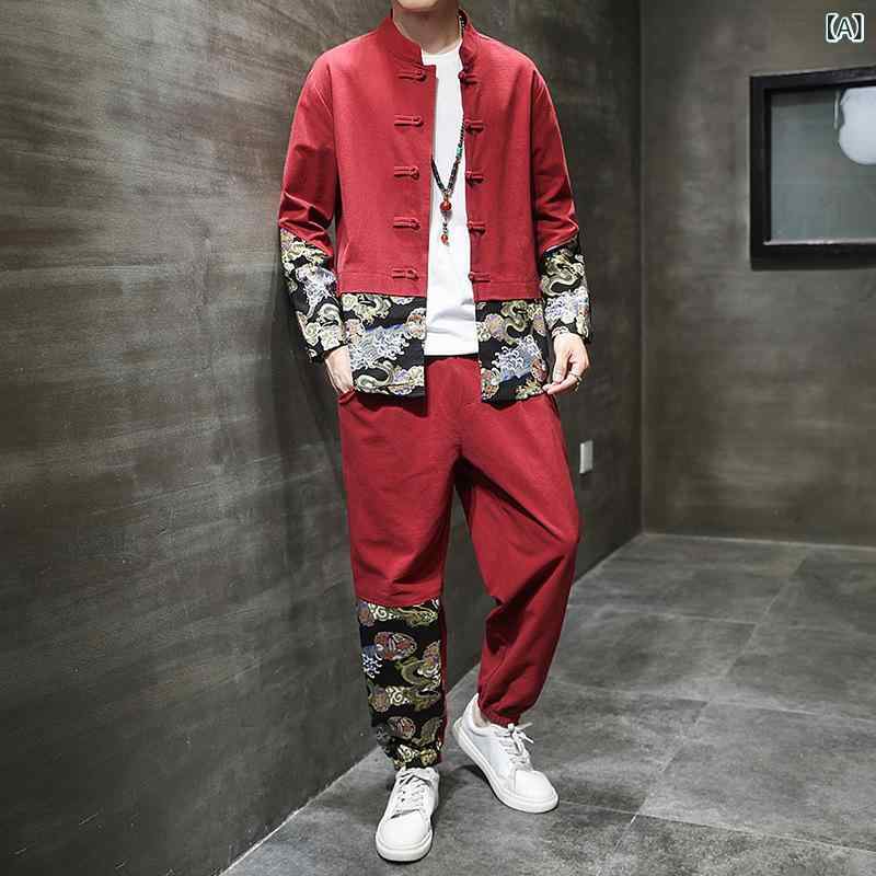 漢服 メンズ 中国風 民族調 唐装 盤ボタン プリント柄 綿麻混紡 ポリエステル 長袖 ジャケット ロング..