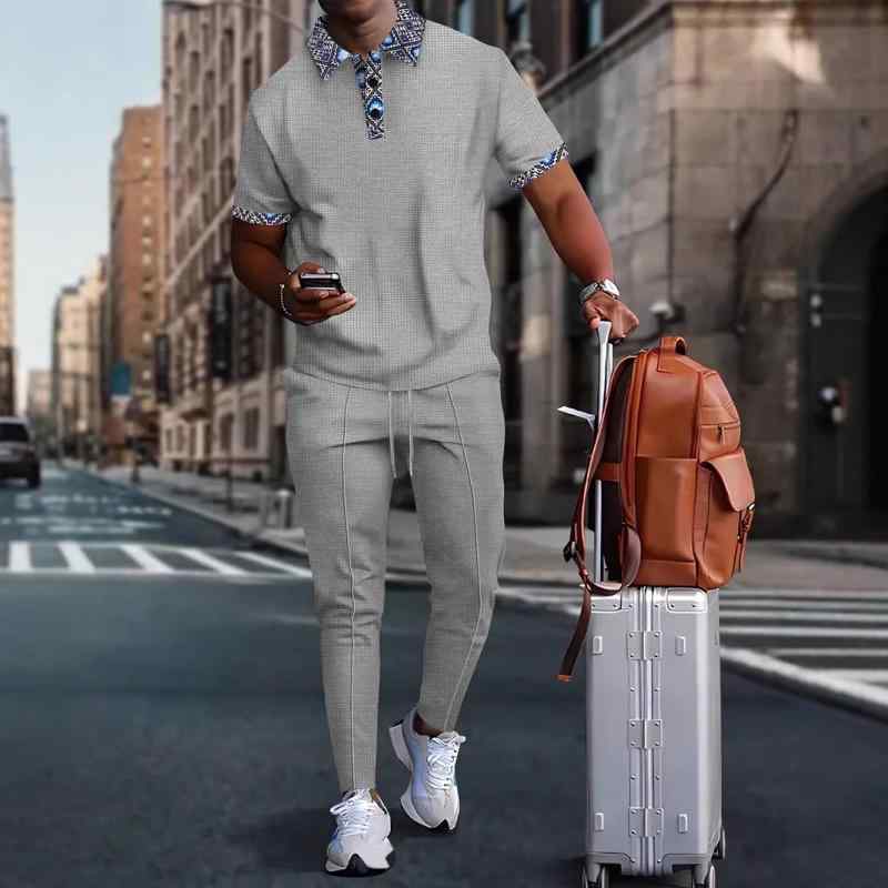 メンズ ポロシャツ セットアップ 半袖 ロングパンツ 綿混素材 ポリエステル 民族風 エスニック ボタン ..