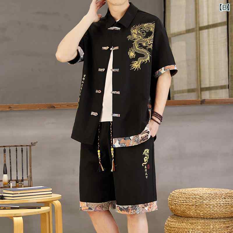 セットアップ メンズ 新中華風 国潮 レトロデザイン 半袖シャツ 膝丈ハーフパンツ 夏用 接触冷感 薄手 アセテート混紡 カジュアル 普段着 リラックスウェア