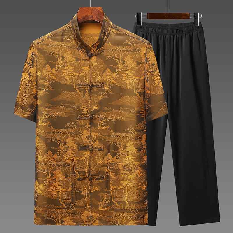 唐装 メンズ シニア 男性 紳士 祖父 父親 夏用 半袖 ショートスリーブ セットアップ 上下セット 2点セット 中国風 チャイナ服 ジャカード 織り柄 ポリエステル素材 快適 ボタン飾り
