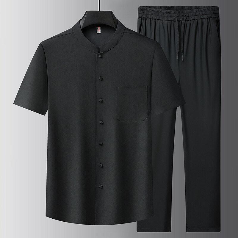 セットアップ メンズ シニア 中高年 父親向け 夏物 接触冷感 速乾 吸汗速乾 薄手 半袖 襟付きシャツ 上下 2点セット リラックスウェア 普段着 軽量 カジュアル ネイビー グレー ブラック